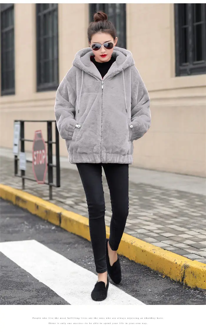 Faux Rex Rabbit Fur Coat Female Winter New Long Sleeve Korean Loose Plush Thick Hoodies Sweatshirt Jacket For Women f2084