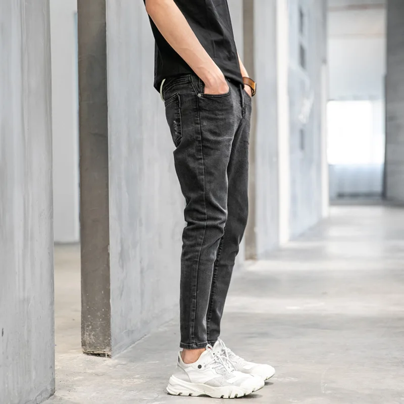 

Hong Kong Style MEN'S Jeans Men's 2019 Spring And Summer New Style Slim Fit Skinny Pants Korean-style Youth Solid Color Elastici