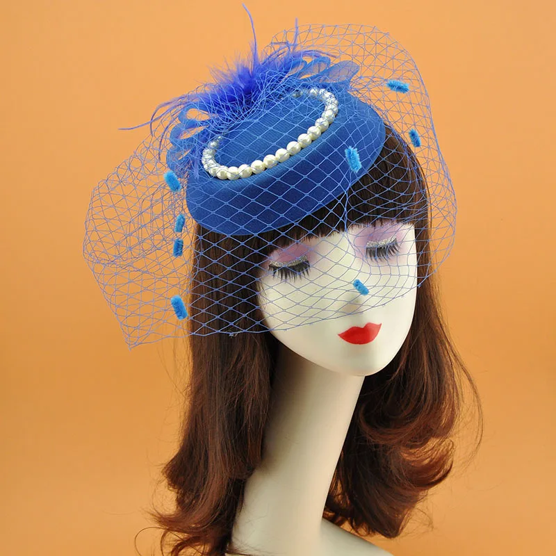 Royal blue Зимняя женская чародейная шляпа с жемчужным бантом, коробка для таблеток, шляпа, Топпер, вечернее платье, аксессуары для волос, часовня шляпа, Федора, женский элегантный головной убор - Цвет: Royal blue
