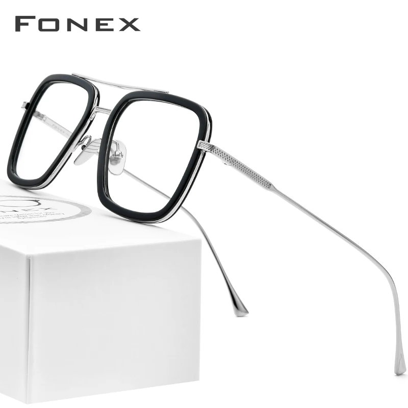 FONEX Pure Titanium Acetate Men Retro Tony Stark Glasses Frame Myopia Optical Edith Prescription Eyeglasses for Women 8512