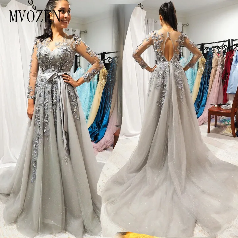 

Vestidos Silver Long Evening Dress Jewel Neck Full Sleeves Floor Length Formal Gowns 3D Flower Evening Dresses vestidos