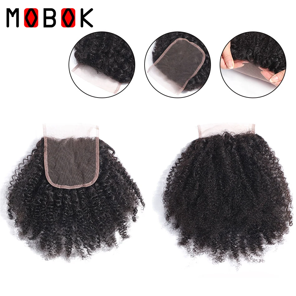 

MOBOK 4x4 Afro Kinky Curly Lace Closure Free Part Mongolian Human Hair Closure Natural Color Bleached Knots Remy Hair Weaves