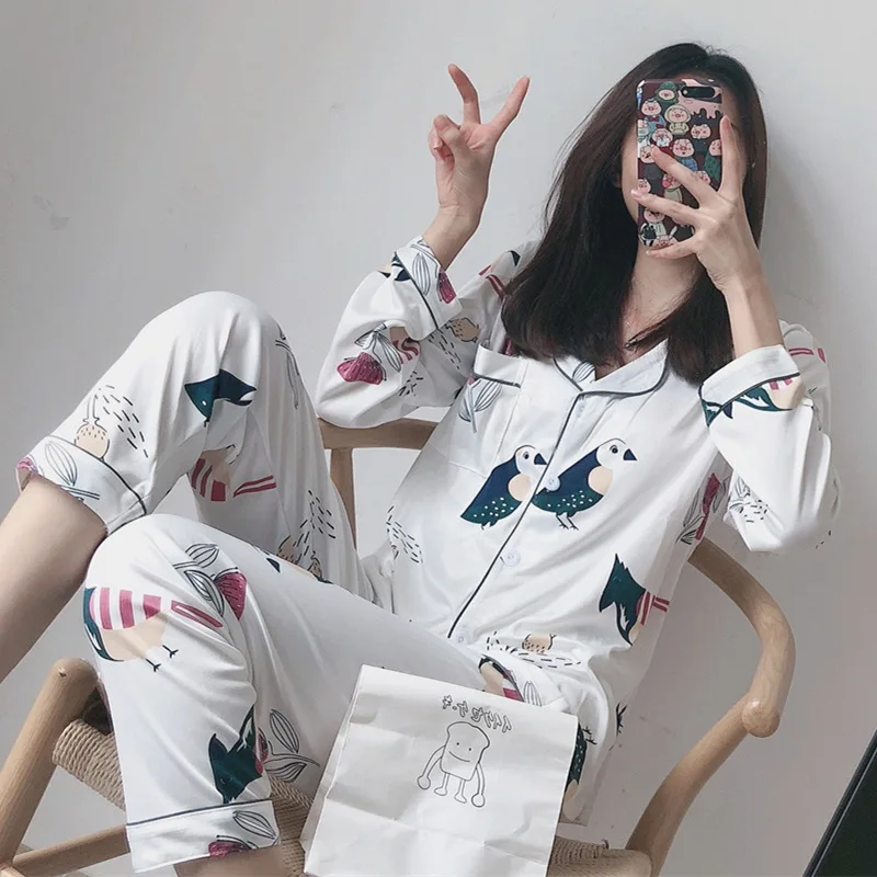 

Aautumn Women Pajama Set Long Sleeve+Pants 2 Pcs Woman Pijama Set Cute Sleepwear Satin Sweet Kawaii Pijama Thin Silk Loungewear