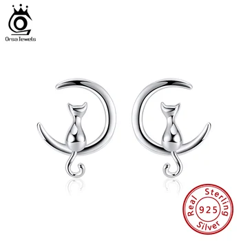 

ORSA JEWELS Pure Sterling 925 Silver Stud Moon Shape Cat Luna Design Cute Earring Drop For Girls Birthday Gift SE329