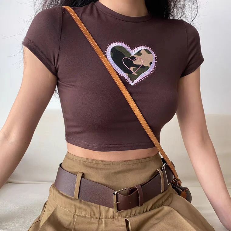 womens suit set Fat Women Camouflage Love Print T Shirt Short Sleeve Crop Top + Pleated Khaki Skirt Set with Belt Punk Student Women Set Plus green pant suit