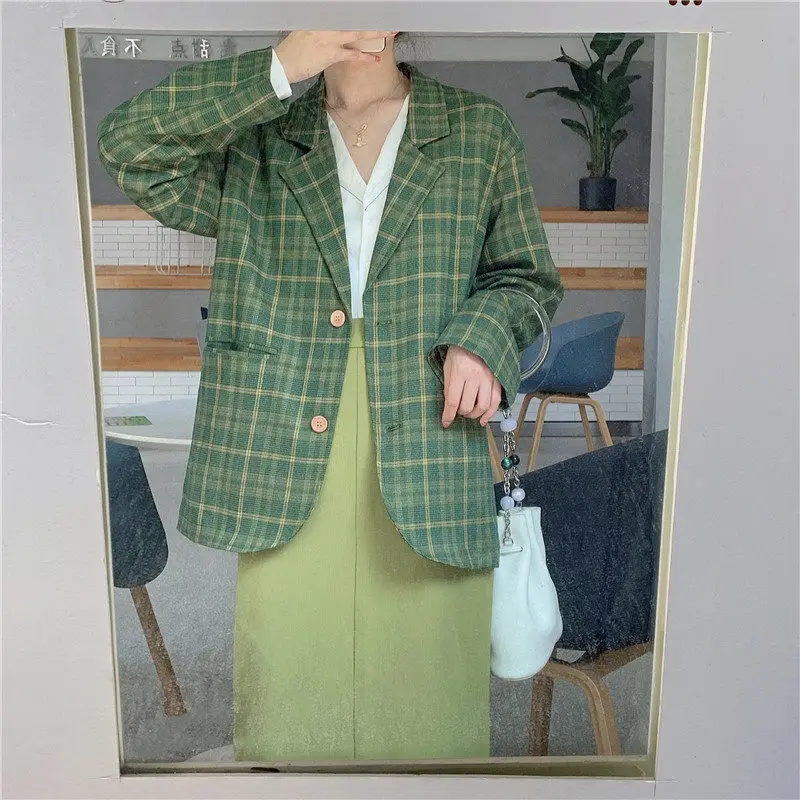 HziriP Green Plaid All Match Casual Women New Loose Chic Fresh Streetwear Fashion Elegant Office Lady Full-Sleeved Blazers