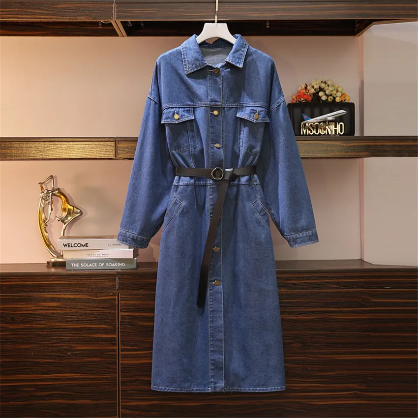 

Gowyimmes Autumn Slim Elegant Women Denim Dress Lady Long Sleeve Sashes Dress Midi-long Blue Dresses Vestidos Bottomings PD732