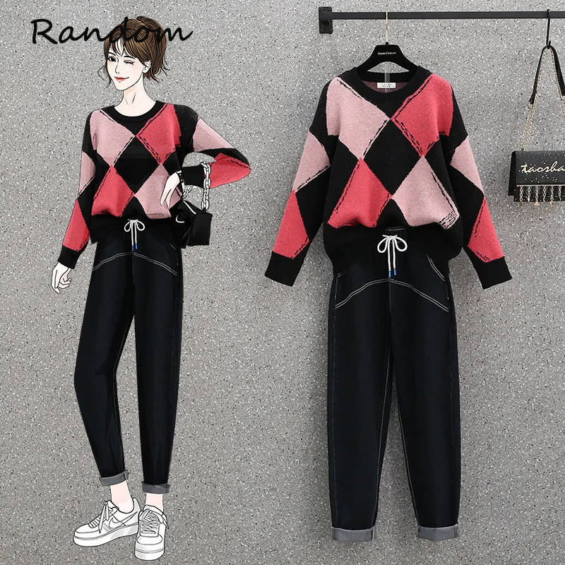 Женский Повседневный Спортивный костюм размера плюс свитер в клетку и джинсовые