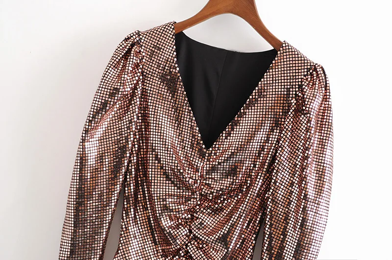 Sexy V Neck Party Mini Dress Women Plaid Sequins Puff Long Sleeve Club Dresses Lady Bodycon Pleated Stylish Vestidos De Fiesta