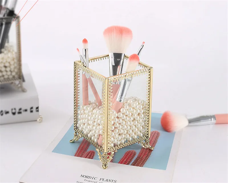 Geometric Glass Makeup Brush Box Holder Jewelry Box Pencil Bucket Makeup Organizer Desktop Cosmetic Storage Box Pearls Barrel