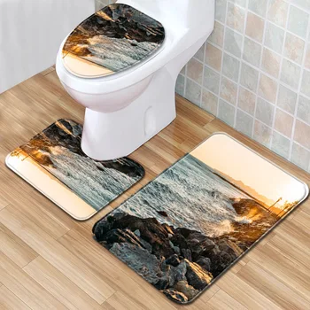 

3-piece Beach Landscape Carpet Bathroom Non-slip Mats Toilet Mat Set Door Mat Bathroom Bathtub Rugs
