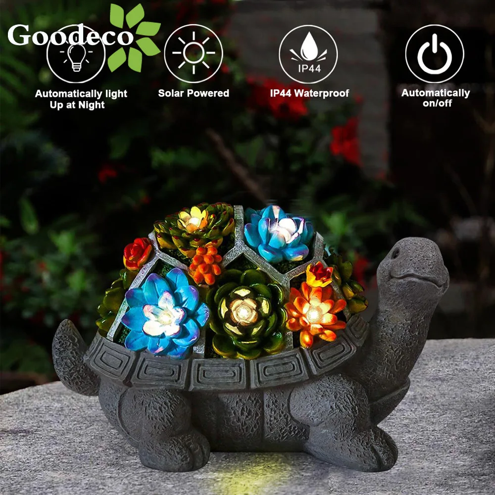 Goodeco-estatua Solar de jardín para exteriores, figura de decoración de tortuga con luz LED suculenta, figuritas de jardín y miniaturas
