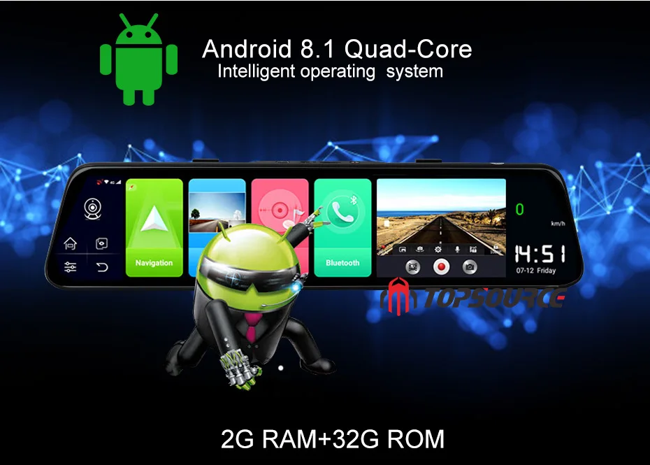 Автомобильный видеорегистратор TOPSOURCE, 12 дюймов, 4G, Android 8,1, Автомобильный gps Navi FHD 1080 P, видеорегистратор, зеркальная камера, Bluetooth ram, 2 Гб rom, 32 ГБ с ADAS