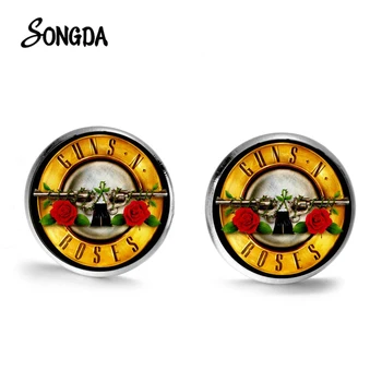

Hot Sale Guns N Roses Stud Earrings Guns and Roses Pattern Glass Cabochon Steampunk Earring Trendy Rock Band Fans Jewelry