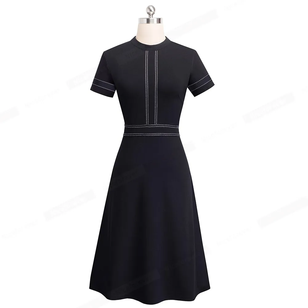 Nice-forever Vintage Elegant Patchwork Round neck Pinup Female vestidos Business Party Flare A-Line Retro Women Dress A135