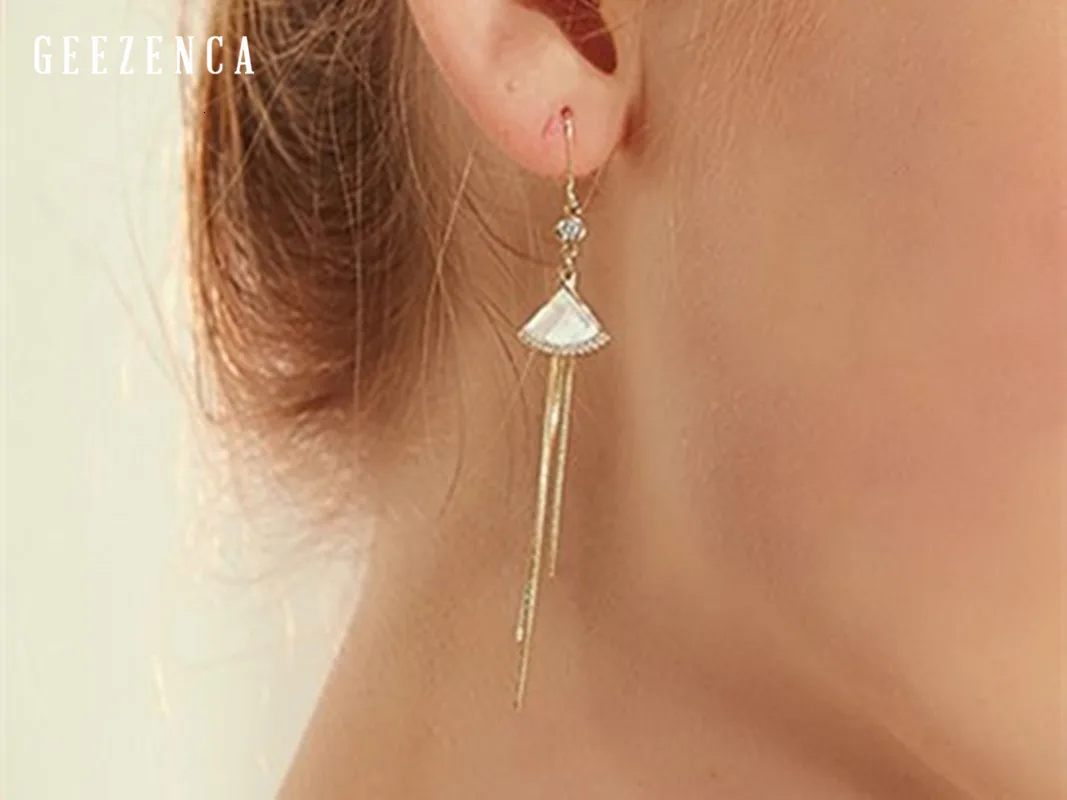 925 Sterling Silver Fan-shaped Shell Zircon Golden Tassels Drop Earrings Korean Trendy Classic Dangle Earring Women Party Gift