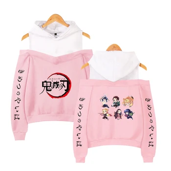 

4 Color Demon Slayer Printing XS- 2XL Casual Sports Sweatshirt Off-the-shoulder hooded Hip Hop Streetwear women sweatshirt