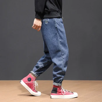 

Korean Style Fashion Men Jeans Loose Fit Elastic Harem Pants Blue Gray Color Spliced Hip Hop Jeans Men Pencil Pants Hombre