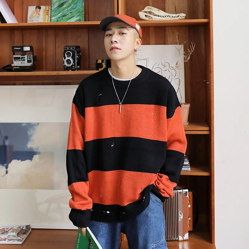 UYUK2019 Autumn Loose Casual Trend Knit Stitching Striped Round Neck Pullover Sweater Clothes Men Hombre Homme