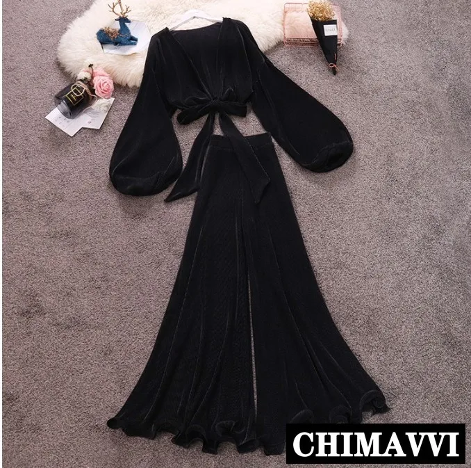 

2019 New Spring Summer Women's Pure Color V-neck Bubble Sleeve Short Tops + Wide Leg Pants Two Piece Female Flare Trousers Set