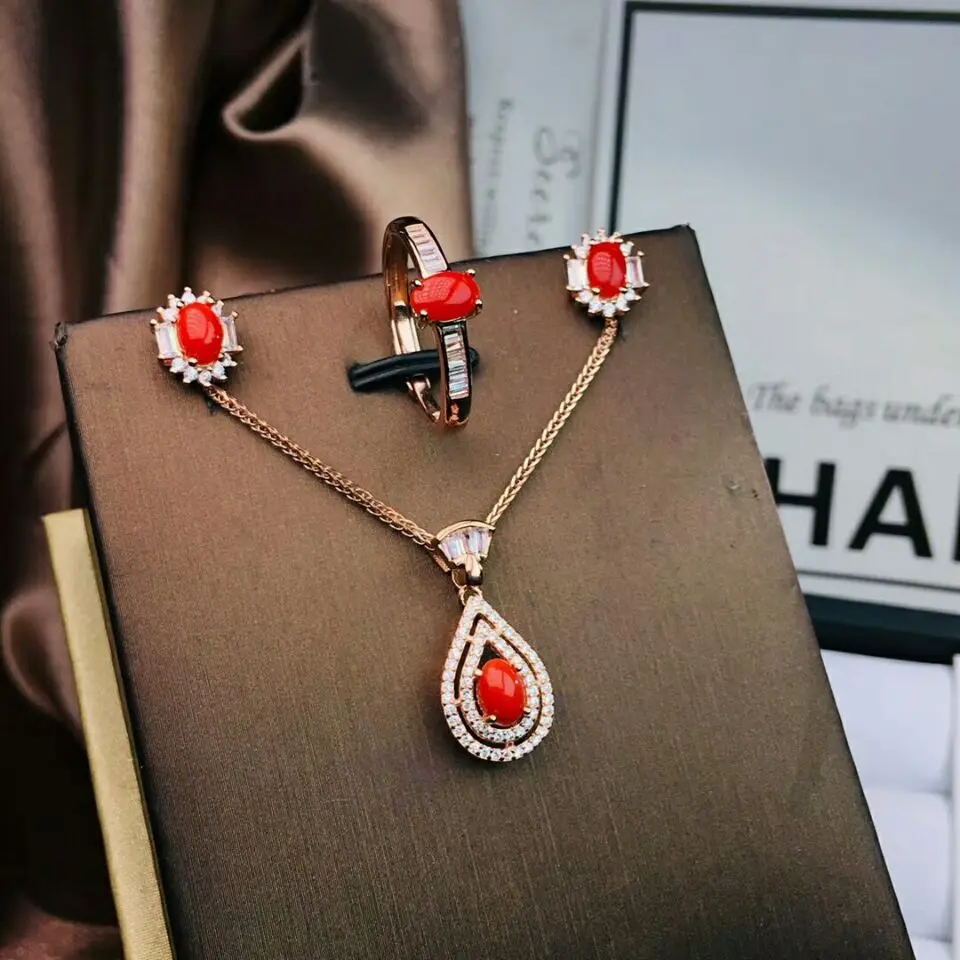 MeiBaPJ натуральный красный коралловый самоцвет 925 серебряные серьги кольцо подвеска ожерелье 3 шт костюмы хорошие Свадебные украшения наборы для женщин