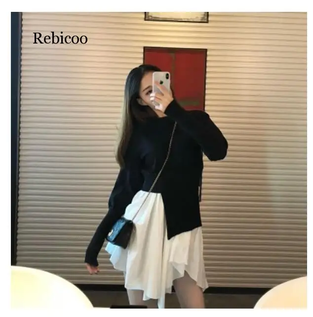 Autumn Two Pieces Fake Knitted Sweater Female O-neck Long Sleeve Irregular Sweater Ruffles Patchwork Pullover