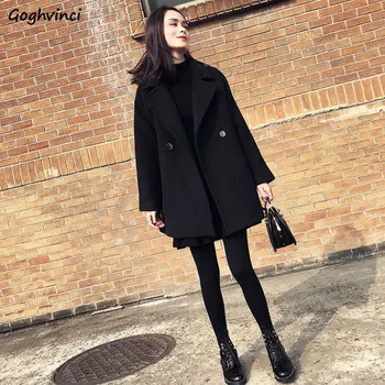 

Wool Women Coat Black Solid Simple Double Breasted Womens Coats Long Sleeve Harajuku Ladies Plus Size Fashions Clothes Casual