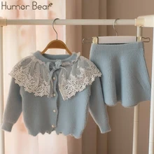 Humor Bear/осенне-зимний детский свитер, комплект для девочек, кружевной однотонный длинный свитер+ короткая юбка, комплект одежды из 2 предметов для девочек