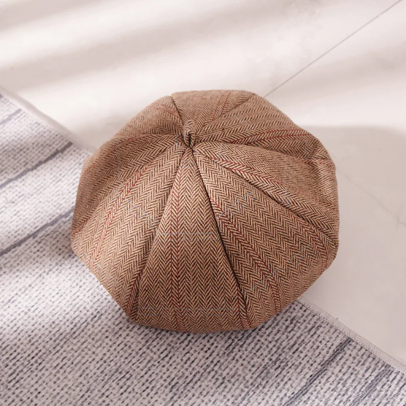 Новинка, береты, восьмиугольник, тыква, шапка для женщин, художники, шапка, Джокер, для отдыха, уличная, берет, винтажная, зимняя, клетчатая шапка - Color: Dark Brown