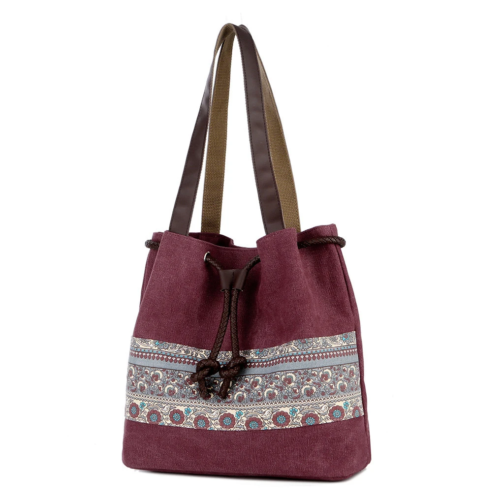 Style Canvas Handbags Women Drawstring Bucket Bag Lady Cheap Shoulder Single Shoulder Shopping Bags Floral Printed Beach Bag 820