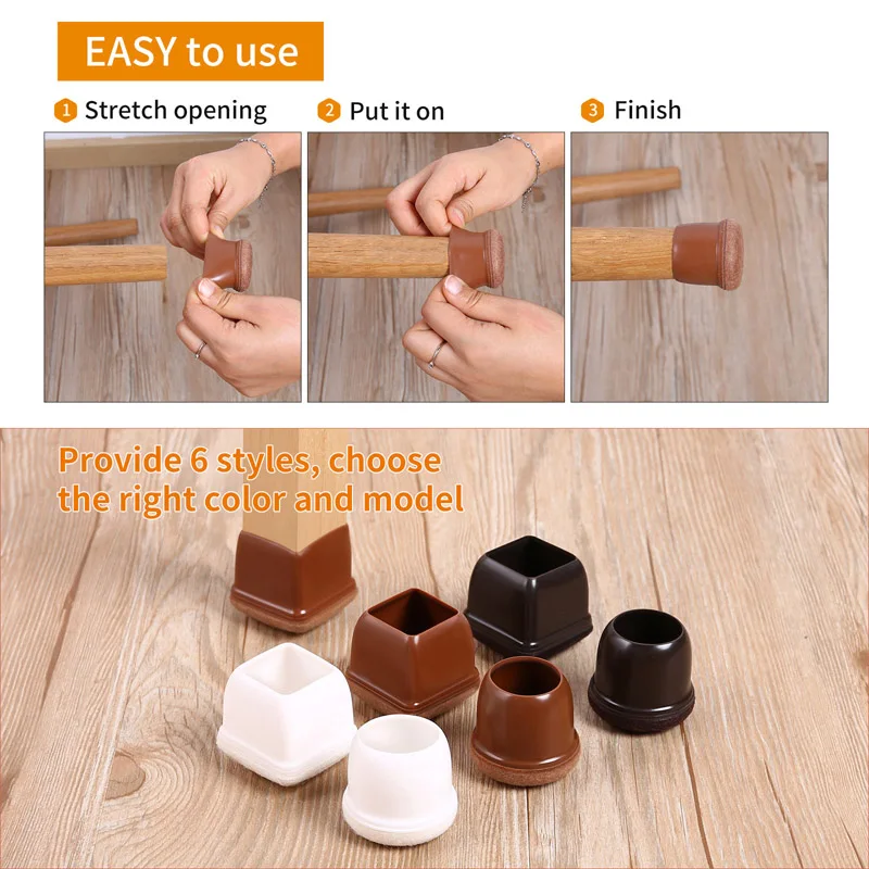 32PCS Table Chair Leg Floor Caps Cover Protectors Non Slip Square TPR Furniture Glides Feet Felt Pads Hardwood Floors Protector