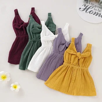 

Toddler Kids Baby Girls off shoulder Cotton Linen Dress Solid Color bow buttons Outfit Summer Clothes 1-6Y