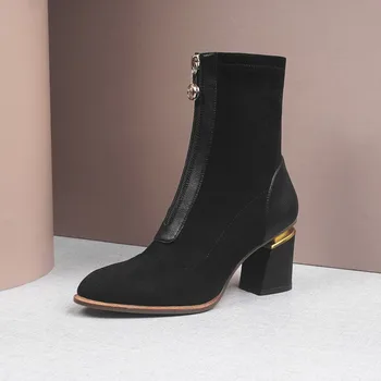 

Luxury brand high heels shoes women's ankle boots soft flock stretch boots metal decorations round toe winter ankle boots mujer