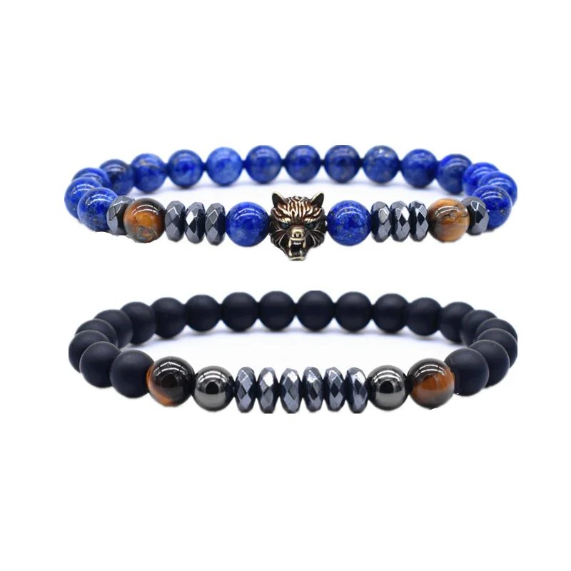 Мужской винтажный браслет с волчьей головой инкрустированный зеленым цирконом 8