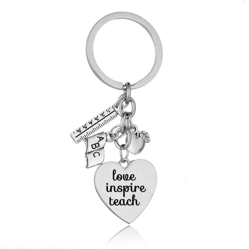 

Love Inspire Teach Engraved Keyring Heart Pendant Ruler Textbook Apple Charms Key Chain Ring Teacher Gifts Appreciation Presents