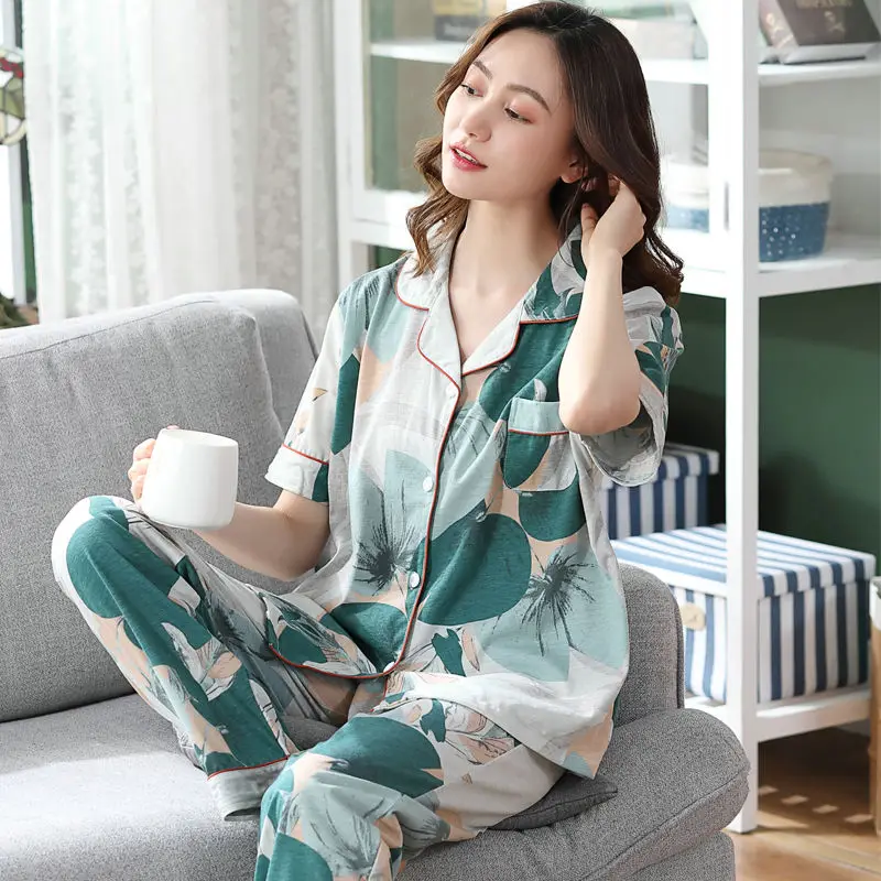 Cotton Trousers Pajamas Ladies Spring /Summer Short-Sleeved Trousers Fashion Women Spring Autumn Thin Home Service Suit 17