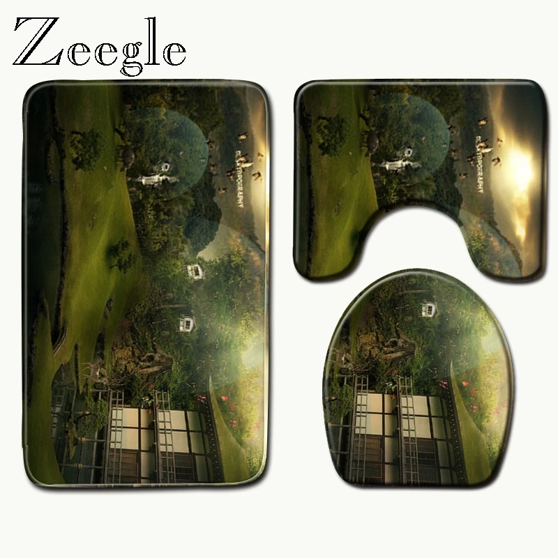Zeegle 3 шт. впитывающие водонепроницаемые коврики фланелевая с принтом ковер для ванной комплект кораллового флиса коврики для ванной моющиеся коврики