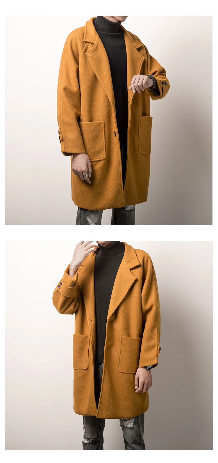 Men's windbreaker autumn/winter new medium-long style thickened windbreaker loose casual lapel youth male wear Wool Coat
