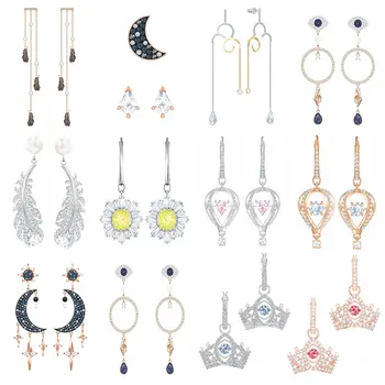

High Quality SWA ED012 Earring Original 1: 1 Ladies Fashion Pop White Pearl Feather Crown Moon Tassel Earring Jewelry.