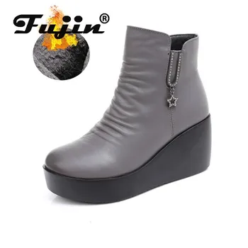 

Fujin soft leather genuine cow women boots platform wedge heel slip on fur plush warm snow boots for autumn winter ankle boots