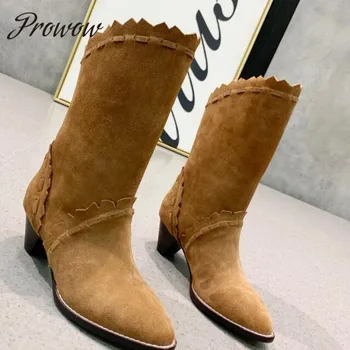 

Prowow New Tan Genuine Leather Sexy Pointed Toe Ankle Boots Slip On Low Heel Cowboy Boots Shoes Women