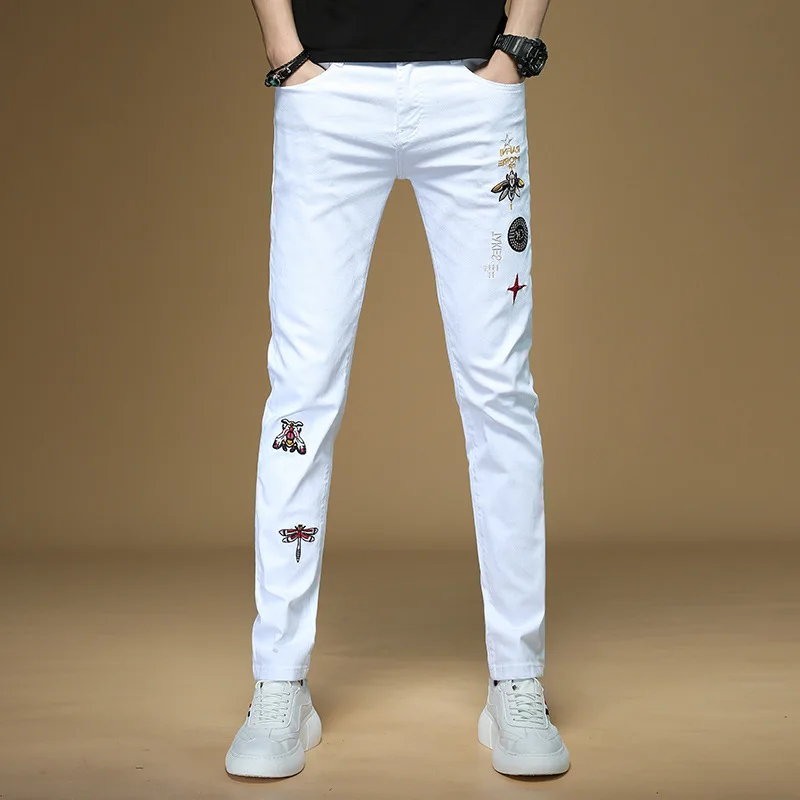 

2020 chun xia men white embroidery elastic jeans feet cultivate morality men's trousers, leisure trousers cowboy