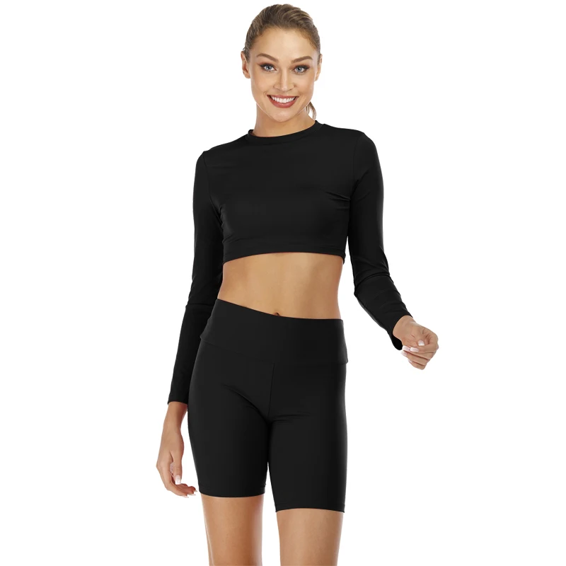 Black Imlario Cropped Top 2 PCs Set Sports Outfits Women Gym Long Sleeve High Waist Fitness Shorts Nylon Stretchy Tracksuits Sportwear - Цвет: Black
