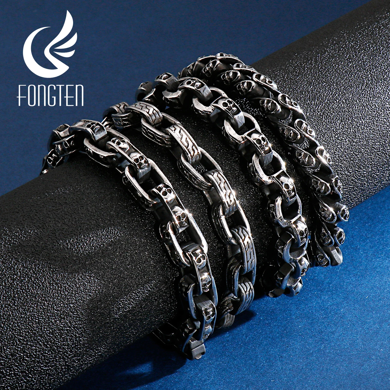 Fongten Винтаж Череп Выгравированная манжета Серебряный браслет для мужчин звено цепи нержавеющая сталь хип хоп Скелет голова браслеты ювелирные изделия