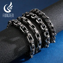 Fongten Винтаж Череп Выгравированная манжета Серебряный браслет для мужчин звено цепи нержавеющая сталь хип хоп Скелет голова браслеты ювелирные изделия