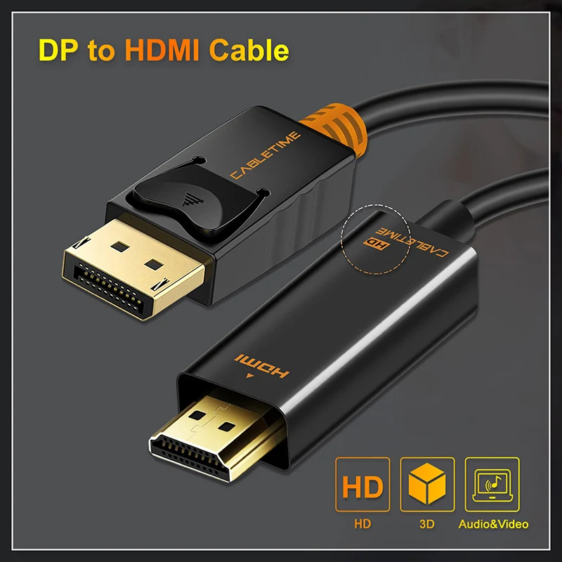 CABLETIME DisplayPort To HDMI Cable 4k hdmi cable DP to HDMI 1080P/4K 60hz Converter DP 1.2 for HDTV Projector Laptop PC C072