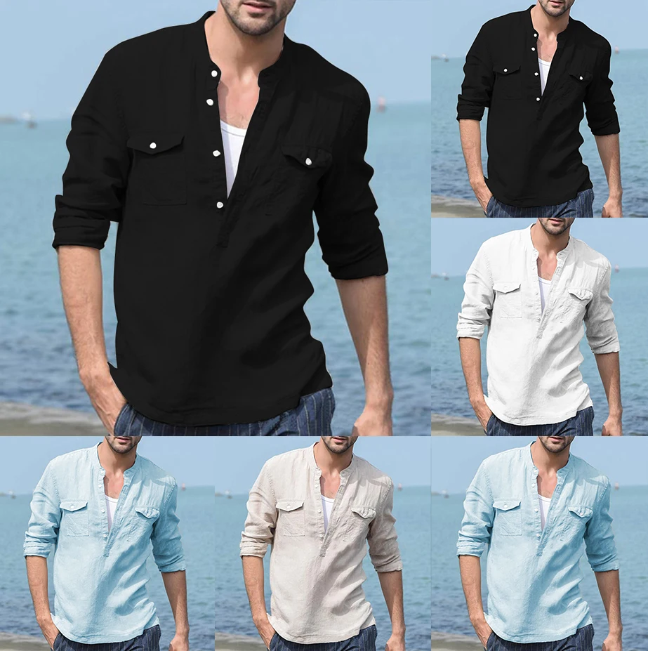 Men Clothes 2019 Button Cotton Linen Long Sleeve Shirts Casual Holiday Street Slim Fit Tops Four Color Mens Sexy V Neck Shirts