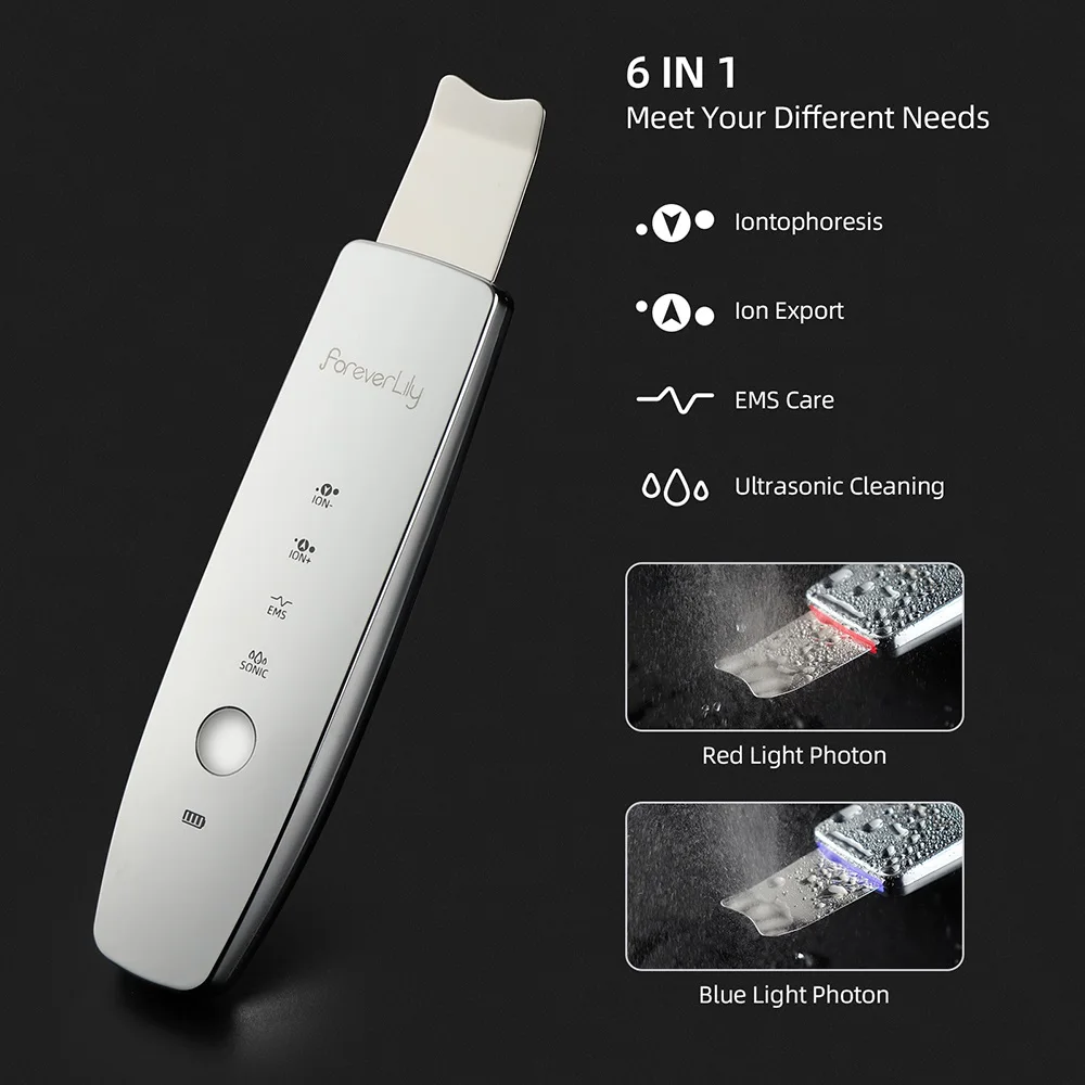 6-IN-1 Facial Skin Scrubber Red&Blue LED Photon Therapy EMS Ultrasonic Pore Deep Cleaner Peeling Blackhead Exfoliation Shovel