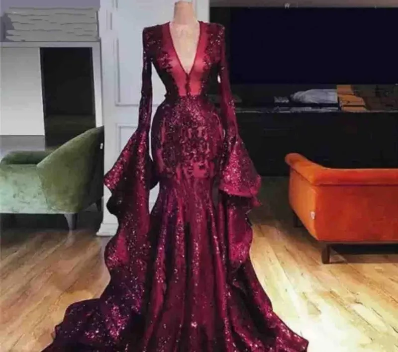 

Shiny Deep V Neck Evening Dresses Sexy Full Sleeves Sequined Lace Appliques Mermaid Prom Dress Long Customized robe de soiree