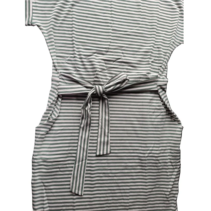 Casual Stripe Women Tshirt Dress Elegant O Neck Short Sleeve Sashes Pocket Black Pink Sundress Cotton Summer Midi Dress Vestidos